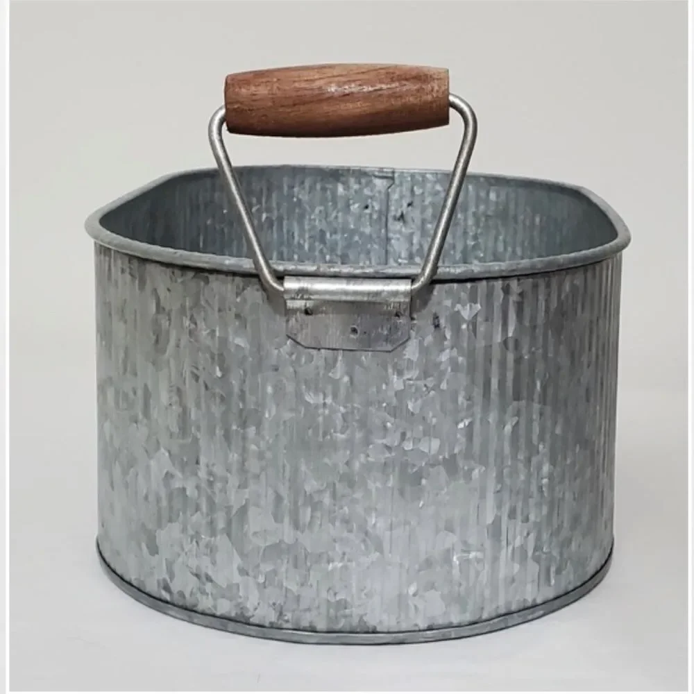New Bucket Oval Silver Metal Tin Country Pale Farmhouse Storage Caddy Handles NW